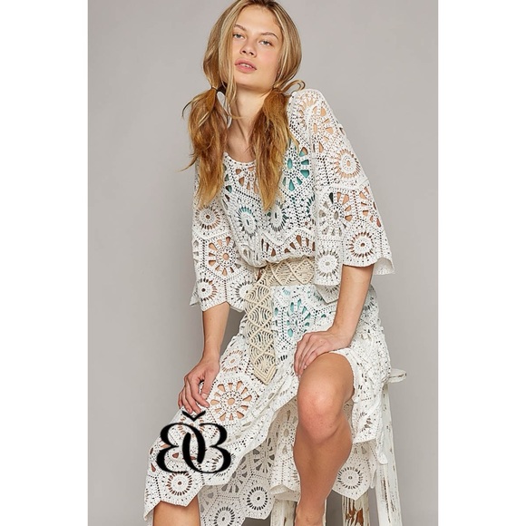 POL Off White Crochet Half Sleeve Flared Midi Dress - Picture 2 of 8